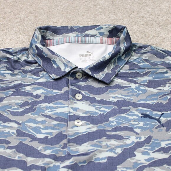 Puma Volition Polo Shirt Mens XL Blue Camo Short Sleeve Golf Stretch Pullover - Picture 5 of 15